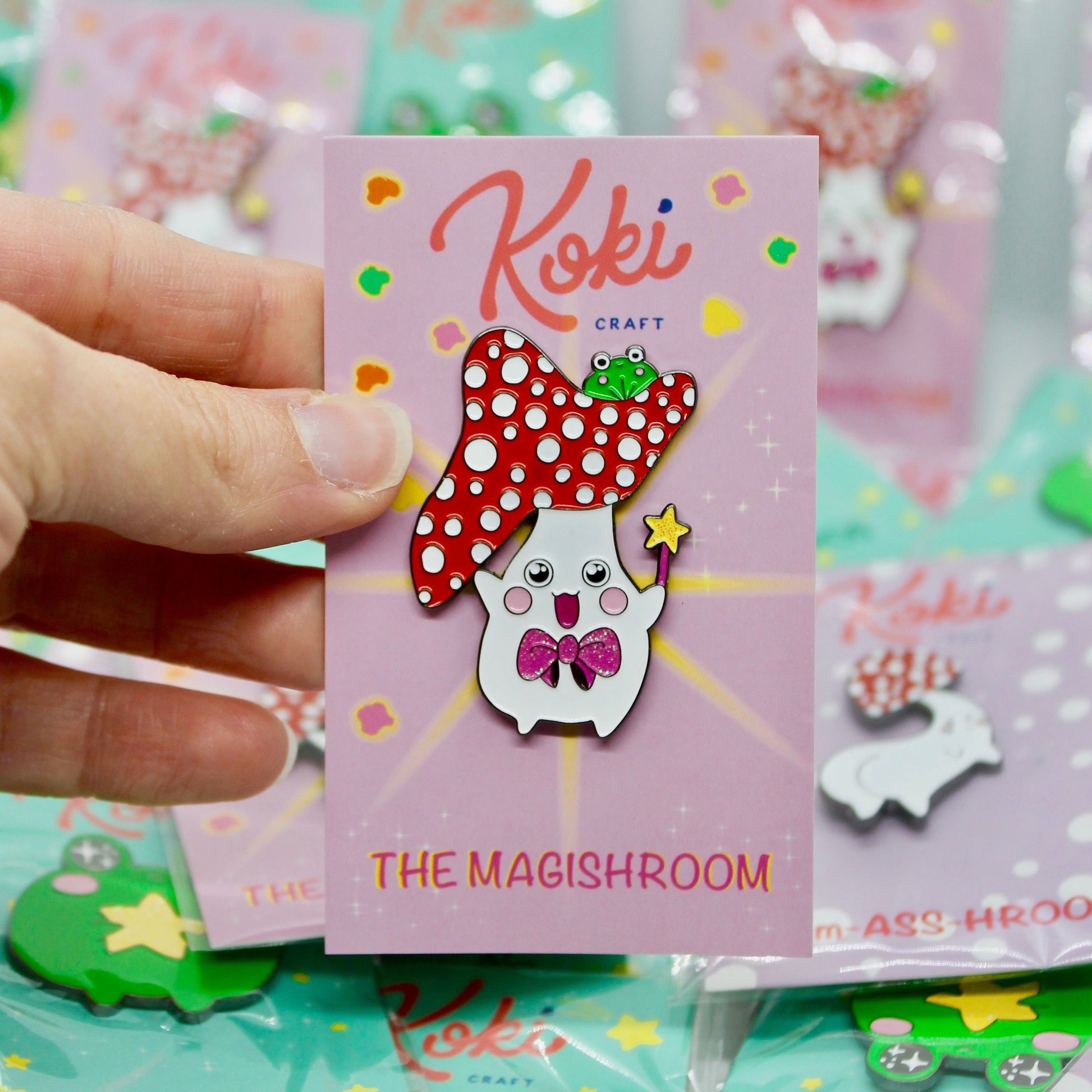 Mushroom Pin on Backing Card with "Koki Craft THE MAGISHROOM" Text