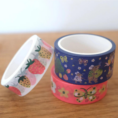 washi tapes with strawberries, rats, and butterflies print on it