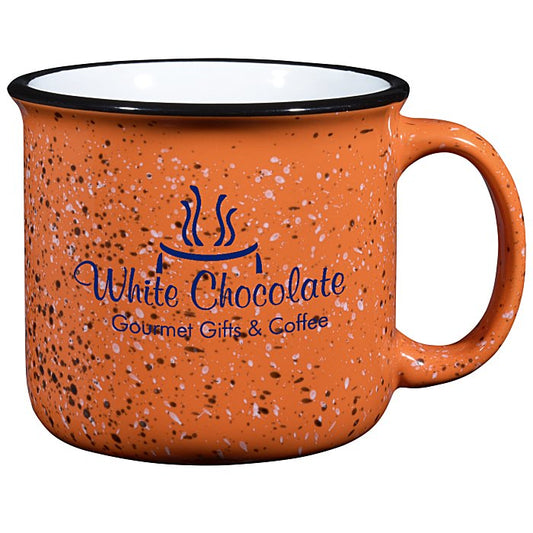 White ceramic mug with 4imprint Review branding and a blue 4imprint logo, featuring a classic coffee cup design.