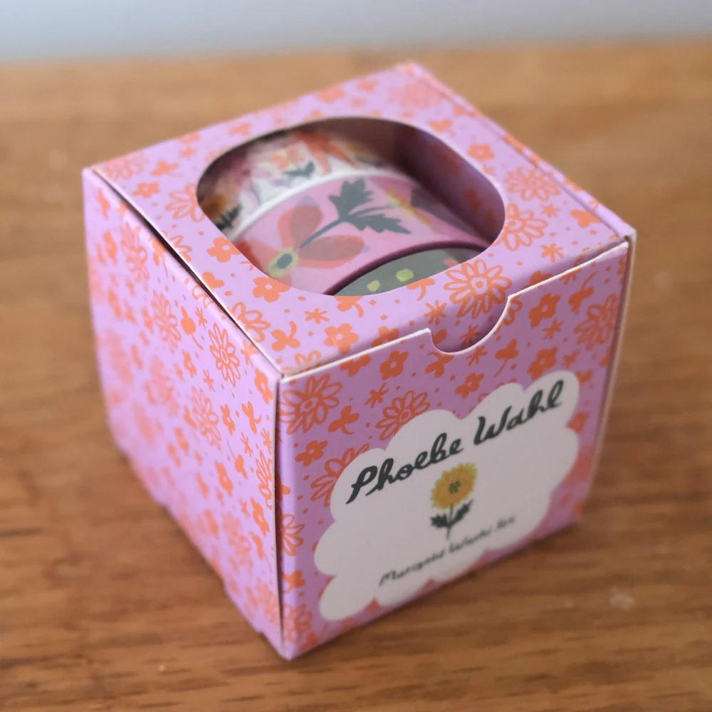 washi tapes on a box with "Phoebe Wahl Marigold Washi Set" text