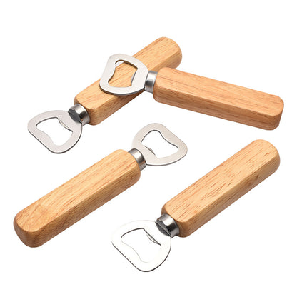 Four wooden bottle openers with metal handles, perfect for effortlessly opening your favorite beverages- yourstuffmade