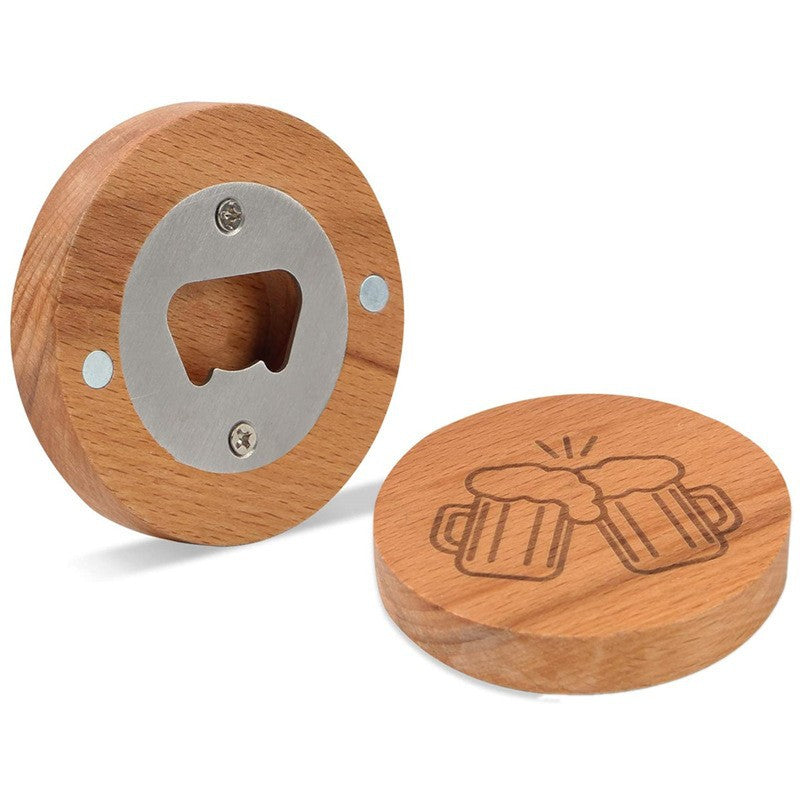 A wooden coaster and two bottle openers, one attached to the coaster, on a white background- yourstuffmade
