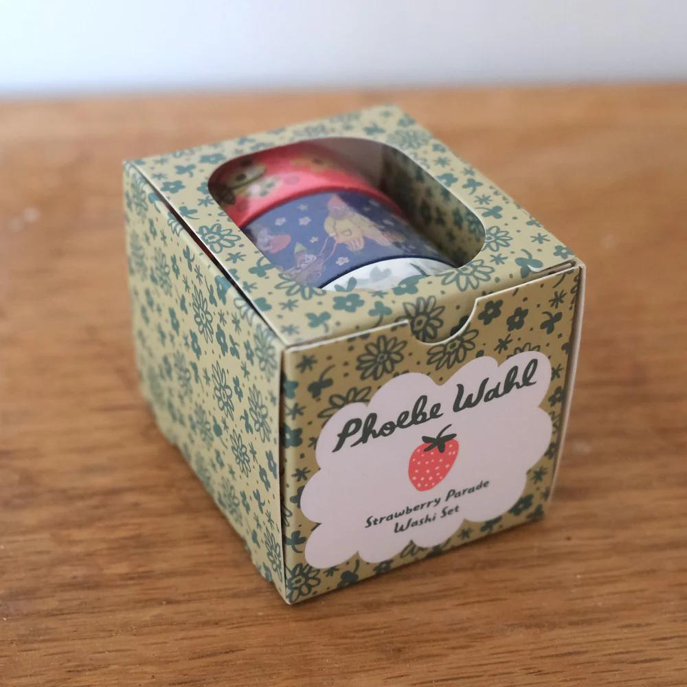 Washi tapes on a box with "Phoebe Wahl Strawberry Parade Washi Set" text