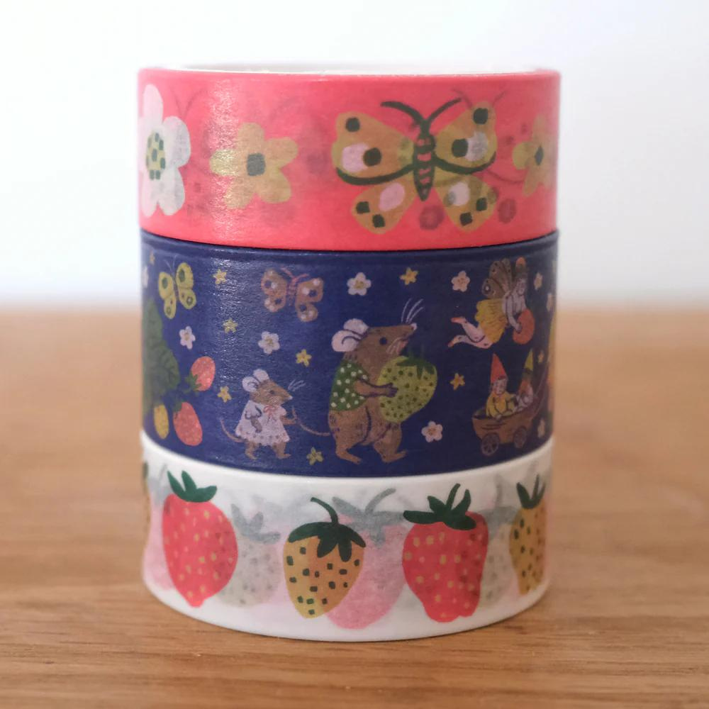 stack of three washi tapes with butterflies, rats, and strawberries print on it