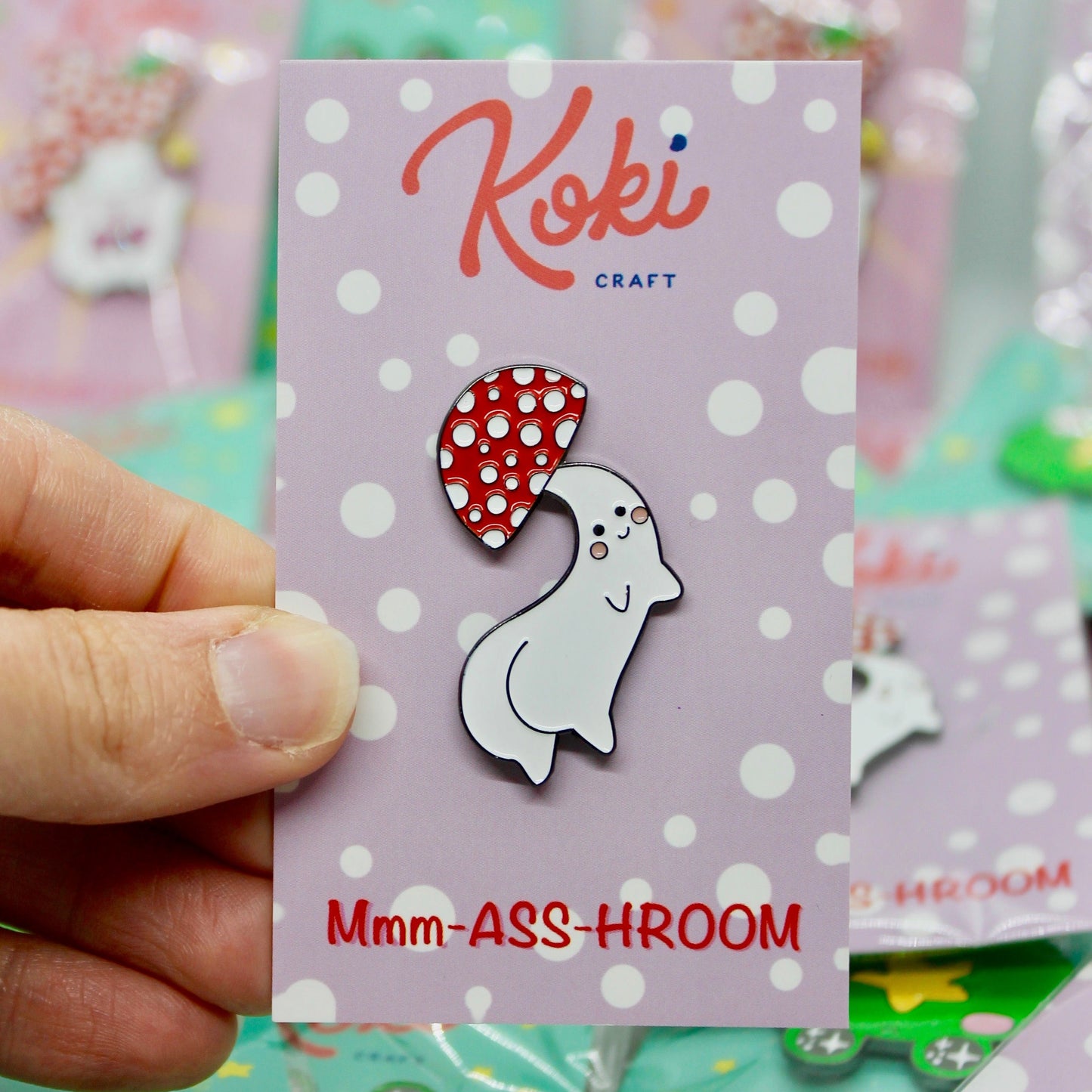 Mushroom Pin on Backing Card with "Koki Craft Mmm-ASS-HROOM" Text