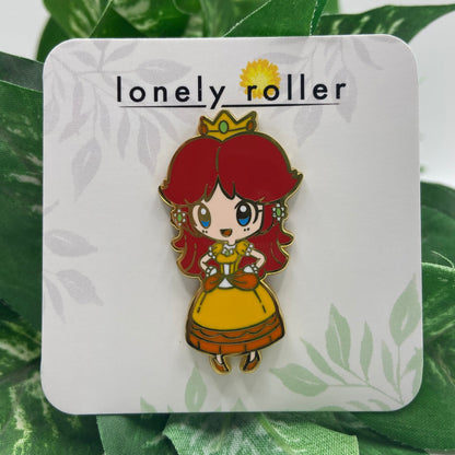 Princess Daisy Hard Enamel Pin on Backing Card with "lonely roller" text