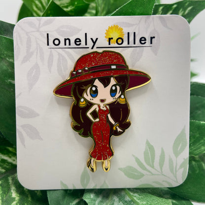 Mayor Pauline Super Mario Hard Enamel Pin on Backing Card with "lonely roller" text