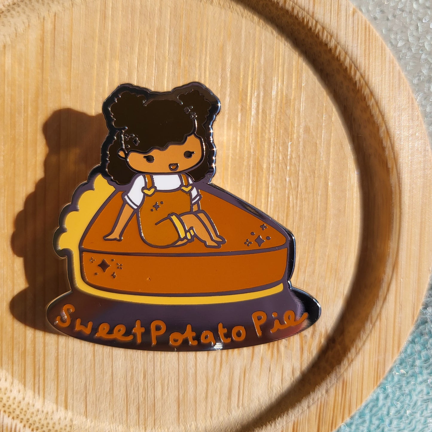 Hard Silver Enamel Pin with "Sweet Potato Pie" text