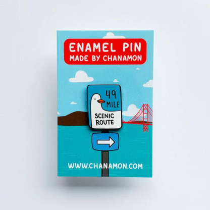49 Mile Scenic Route Hard Enamel on backing with "ENAMEL PIN MADE BY CHANAMON WWW.CHANAMON.com" text