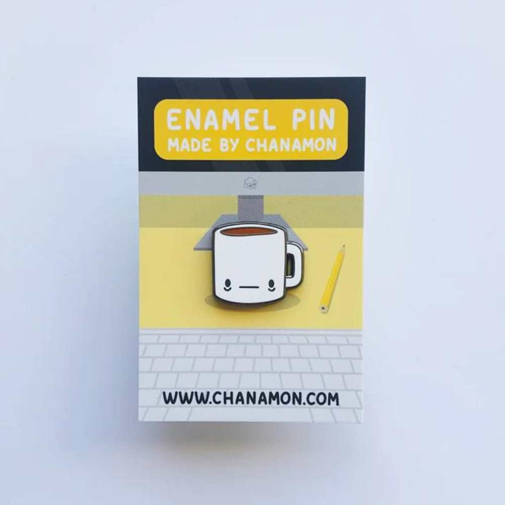 Mug Enamel Pin on Backing Card with "ENAMEL PIN MADE BY CHANAMON WWW.CHANAMON.COM" text