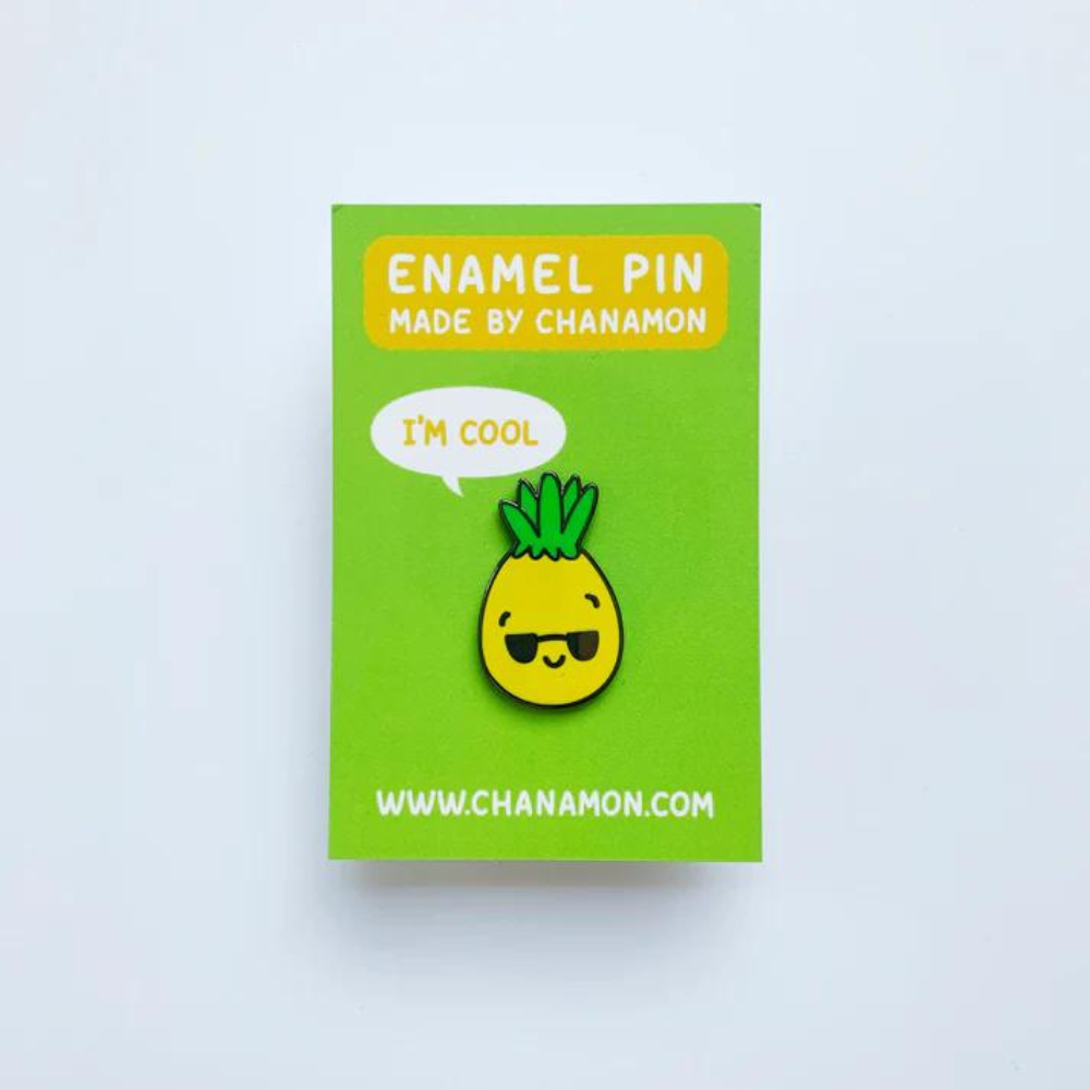 I'm Cool Pineapple Pin on Backing Card with "ENAMEL PIN MADE BY CHANAMON WWW.CHANAMON.COM" text