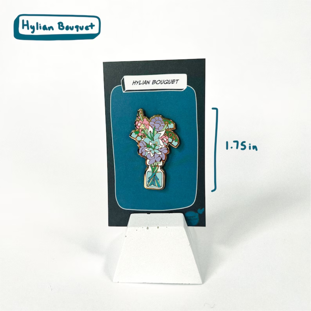 Hard Enamel Pin on Backing Card with "Hylian Bouquet" text