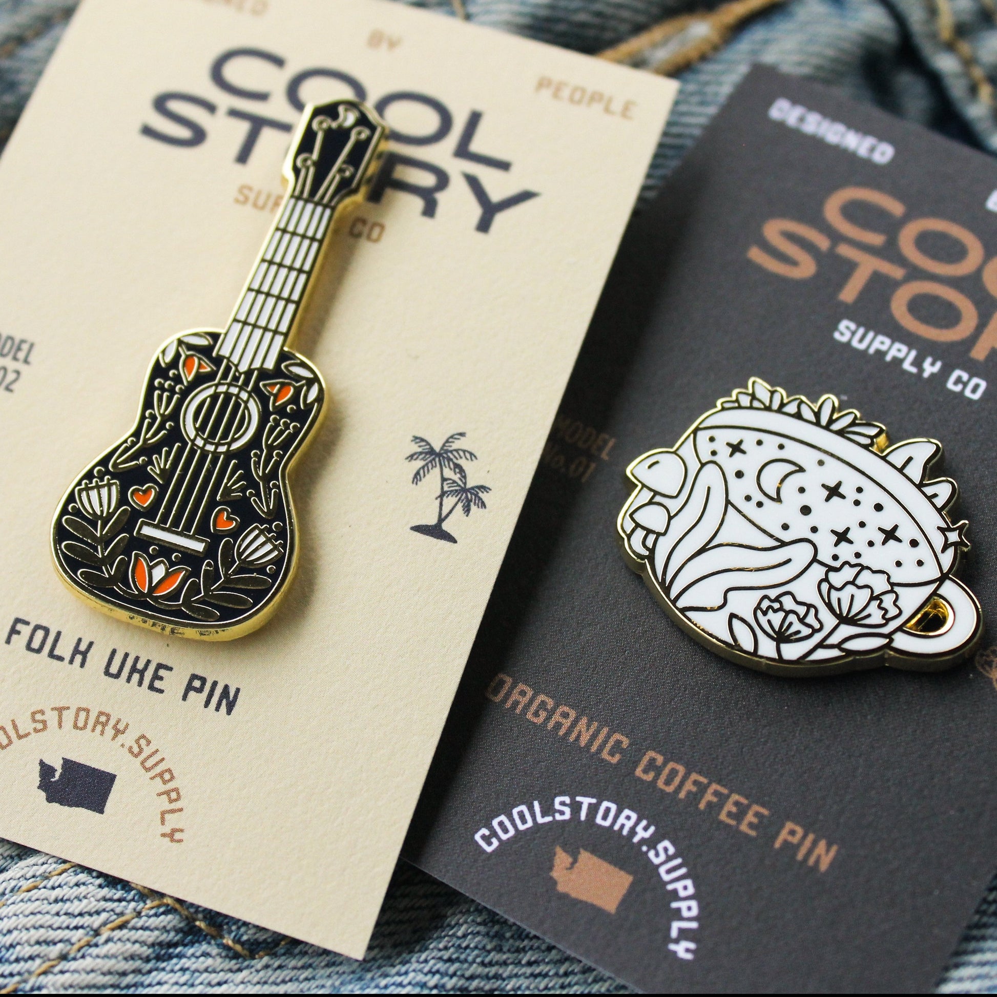Hard Enamel Pins on a Backing Cards with "COOL STORY" Text