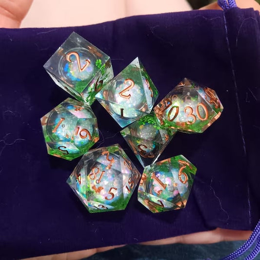 Custom colorful eight-sided dice from Yourstuffmade.com, featuring unique designs and precise detailing.